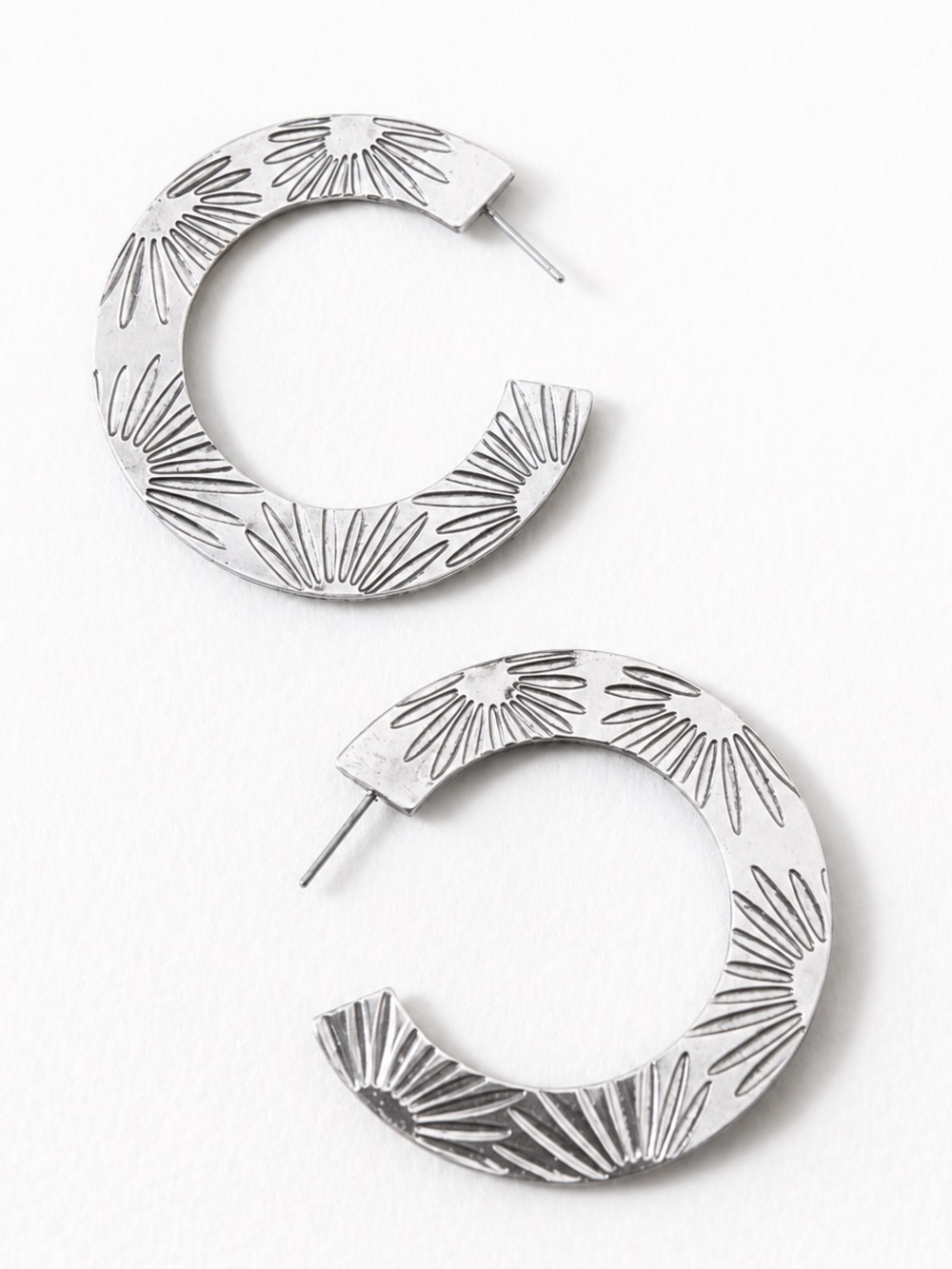 Cost Plus World Market silver Floral Etched Open Hoop Earrings